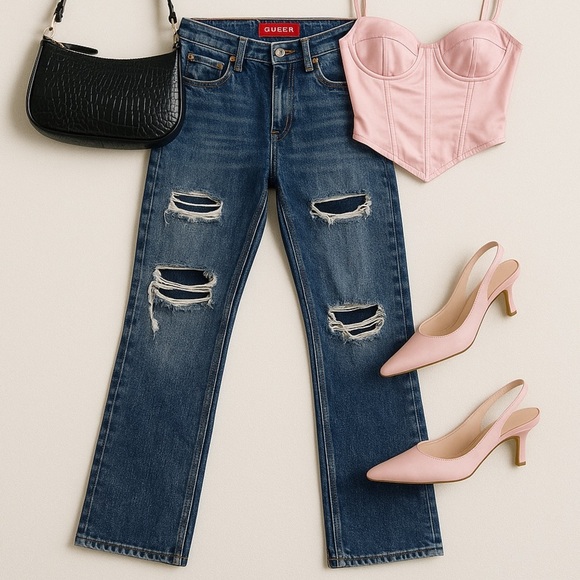 GUESS Del Mar Fit Jeans Women’s 33 Low Rise Slim Ripped Velvet Backing Y2K Denim - Picture 2 of 15